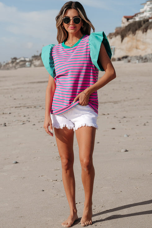 Ruffled Sleeve Striped Crew Neck Cotton Blouse