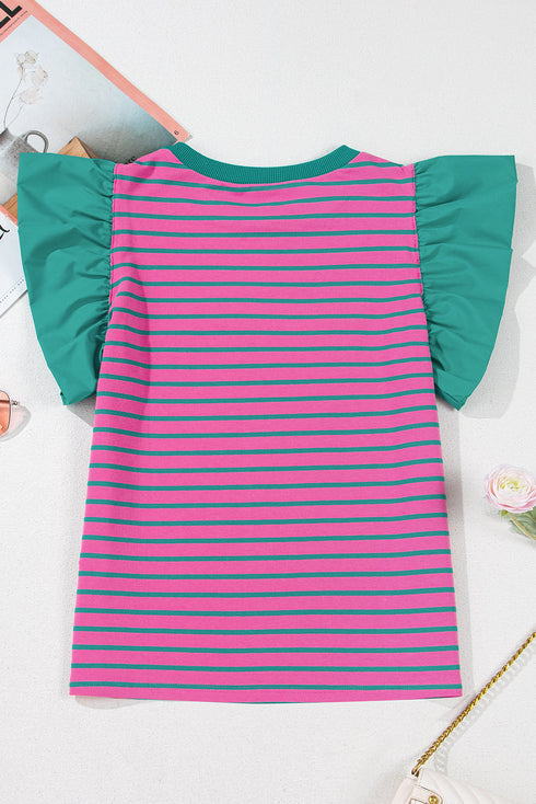 Ruffled Sleeve Striped Crew Neck Cotton Blouse