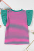 Ruffled Sleeve Striped Crew Neck Cotton Blouse