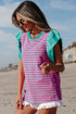 Ruffled Sleeve Striped Crew Neck Cotton Blouse