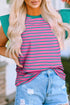 Ruffled Sleeve Striped Crew Neck Cotton Blouse