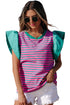 Ruffled Sleeve Striped Crew Neck Cotton Blouse
