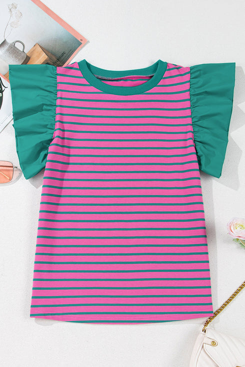 Ruffled Sleeve Striped Crew Neck Cotton Blouse