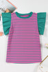 Ruffled Sleeve Striped Crew Neck Cotton Blouse