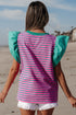 Ruffled Sleeve Striped Crew Neck Cotton Blouse