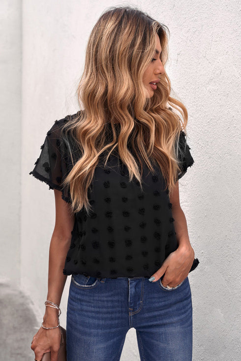 Ruffled Sleeve Swiss Dot T-Shirts