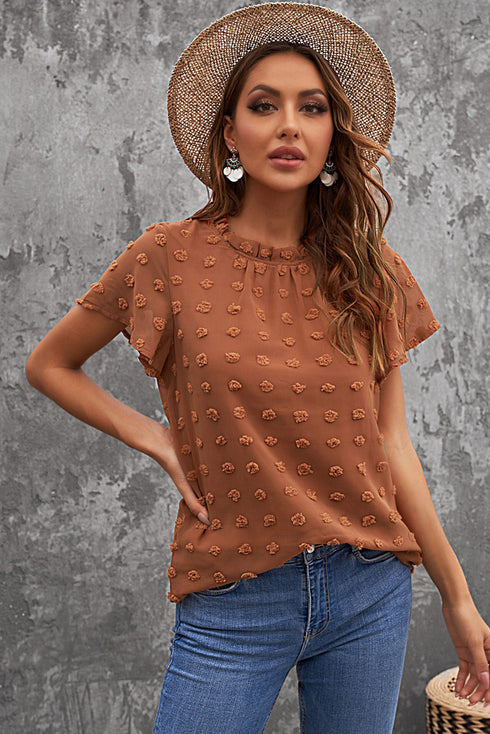 Ruffled Sleeve Swiss Dot T-Shirts