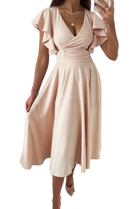 Ruffled Sleeve Wrap V Neck Midi Dress