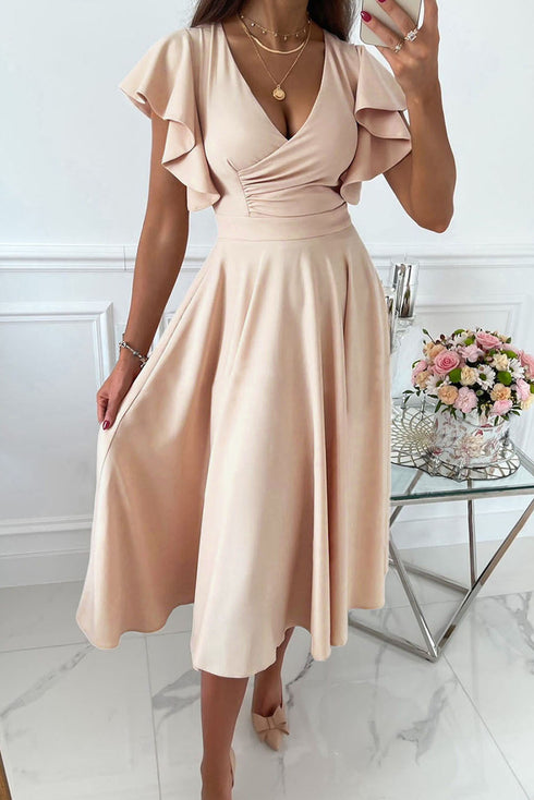 Ruffled Sleeve Wrap V Neck Midi Dress