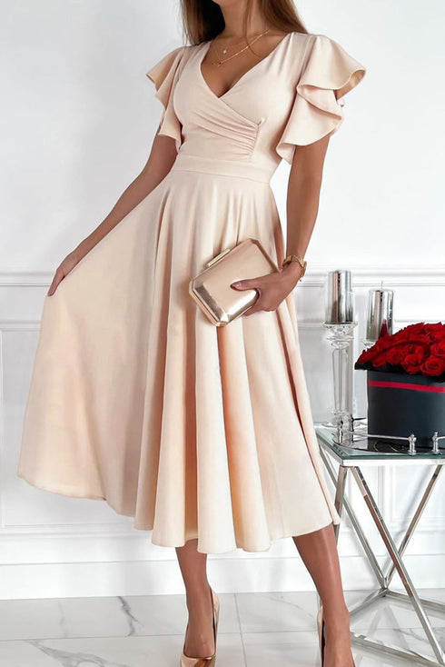 Ruffled Sleeve Wrap V Neck Midi Dress