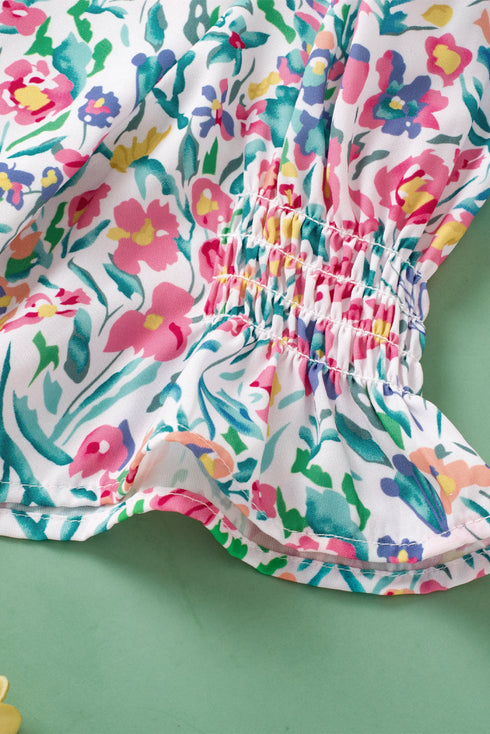 Ruffled Split Neck Puff Sleeve Botanical Print Blouse