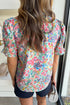 Ruffled Split Neck Puff Sleeve Botanical Print Blouse