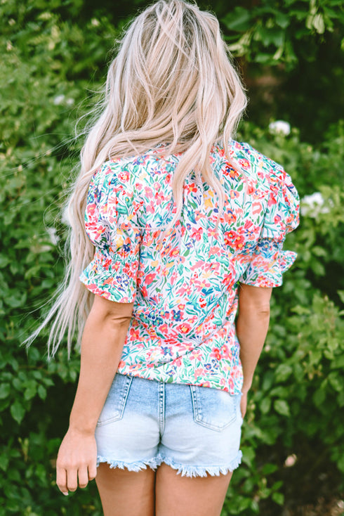 Ruffled Split Neck Puff Sleeve Botanical Print Blouse