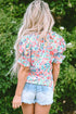 Ruffled Split Neck Puff Sleeve Botanical Print Blouse