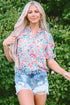 Ruffled Split Neck Puff Sleeve Botanical Print Blouse