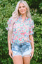 Ruffled Split Neck Puff Sleeve Botanical Print Blouse