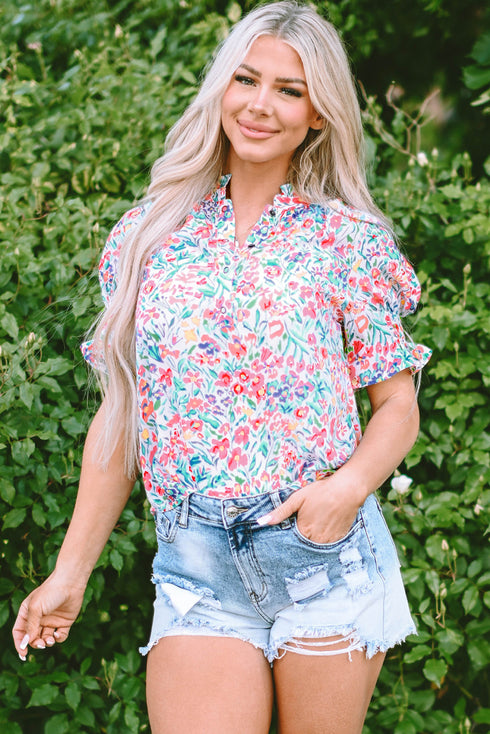 Ruffled Split Neck Puff Sleeve Botanical Print Blouse