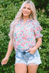 Ruffled Split Neck Puff Sleeve Botanical Print Blouse