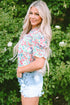 Ruffled Split Neck Puff Sleeve Botanical Print Blouse