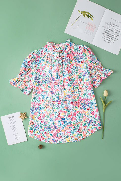 Ruffled Split Neck Puff Sleeve Botanical Print Blouse