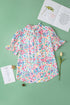 Ruffled Split Neck Puff Sleeve Botanical Print Blouse