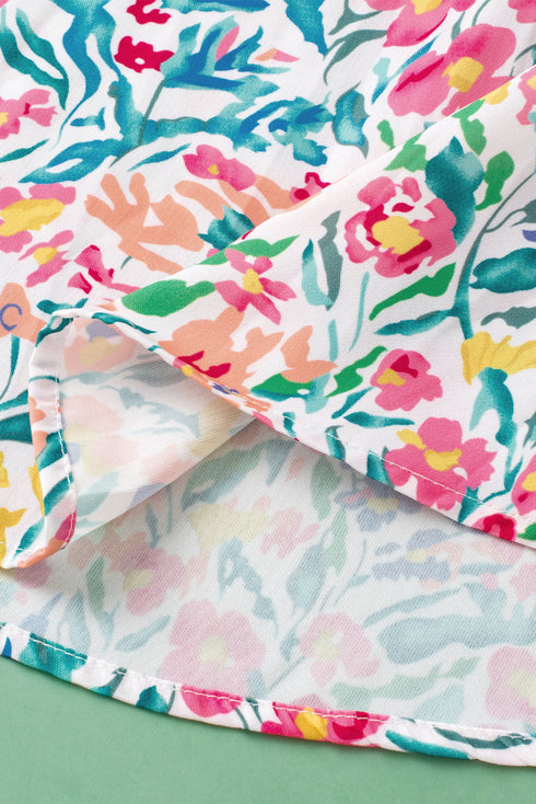 Ruffled Split Neck Puff Sleeve Botanical Print Blouse