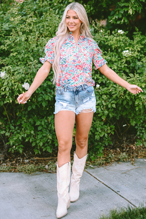 Ruffled Split Neck Puff Sleeve Botanical Print Blouse