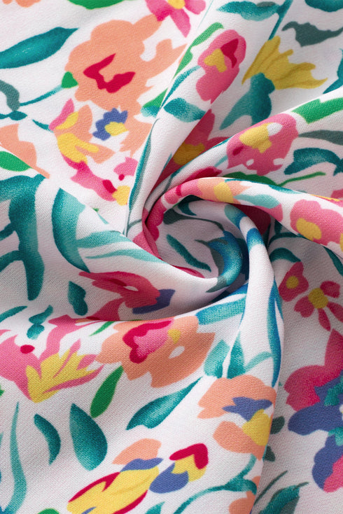 Ruffled Split Neck Puff Sleeve Botanical Print Blouse