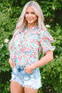 Ruffled Split Neck Puff Sleeve Botanical Print Blouse