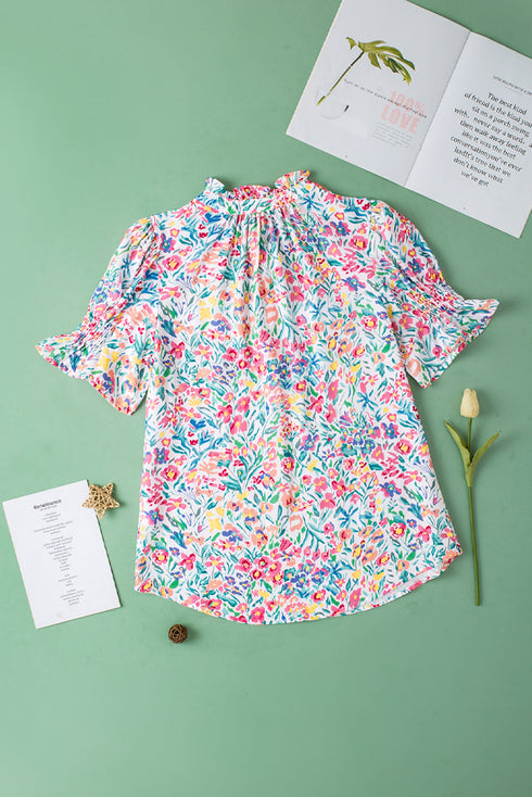 Ruffled Split Neck Puff Sleeve Botanical Print Blouse