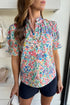 Ruffled Split Neck Puff Sleeve Botanical Print Blouse