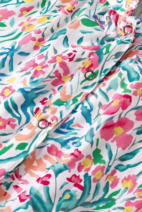 Ruffled Split Neck Puff Sleeve Botanical Print Blouse