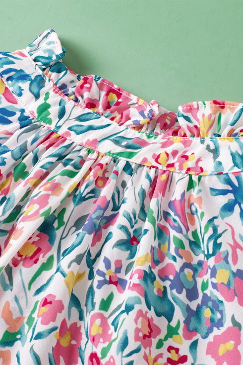 Ruffled Split Neck Puff Sleeve Botanical Print Blouse