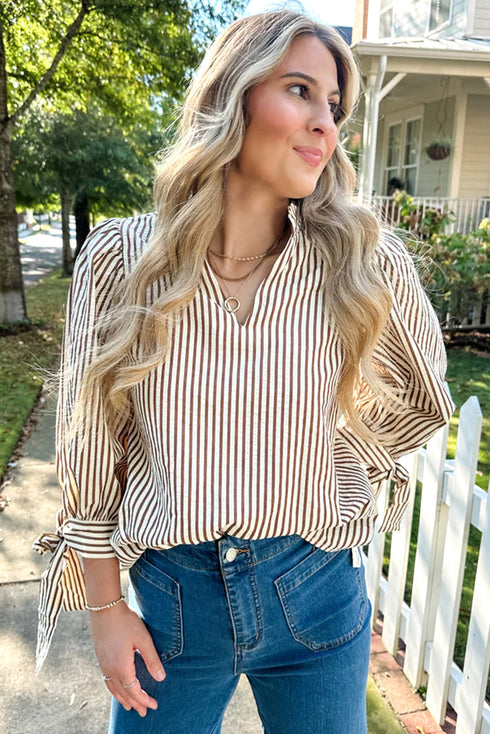 Ruffled Split Neck Striped Puff Sleeve Blouse