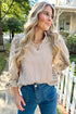 Ruffled Split Neck Striped Puff Sleeve Blouse