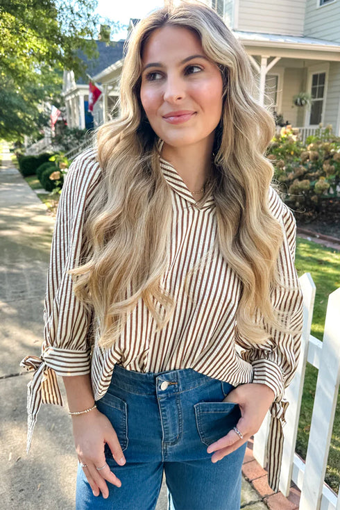 Ruffled Split Neck Striped Puff Sleeve Blouse