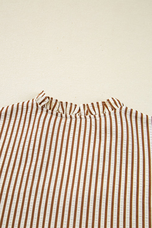 Ruffled Split Neck Striped Puff Sleeve Blouse