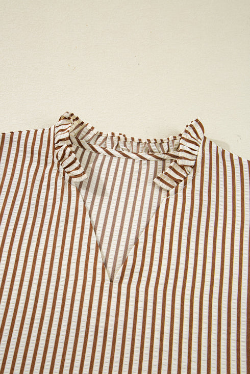 Ruffled Split Neck Striped Puff Sleeve Blouse
