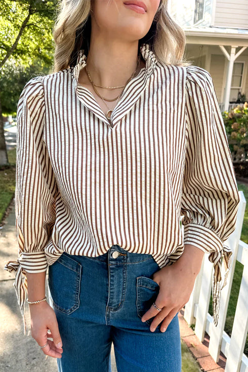 Ruffled Split Neck Striped Puff Sleeve Blouse