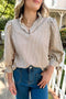 Ruffled Split Neck Striped Puff Sleeve Blouse