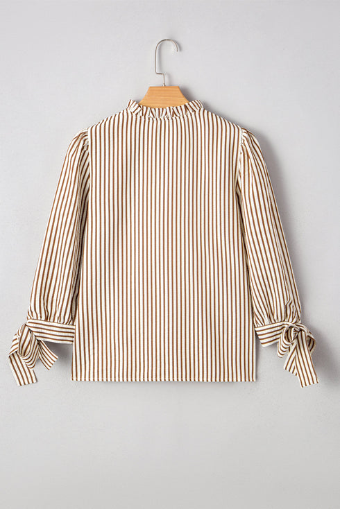 Ruffled Split Neck Striped Puff Sleeve Blouse