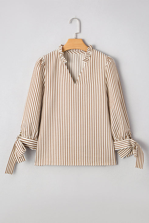 Ruffled Split Neck Striped Puff Sleeve Blouse