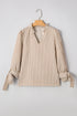 Ruffled Split Neck Striped Puff Sleeve Blouse