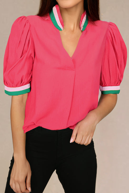Ruffled Stand Collar Puff Sleeve Contrast Trim Blouse
