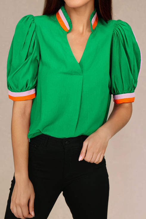 Ruffled Stand Collar Puff Sleeve Contrast Trim Blouse