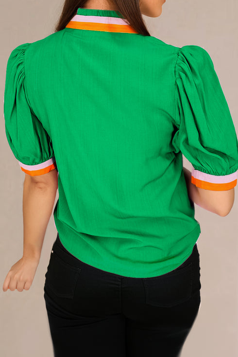 Ruffled Stand Collar Puff Sleeve Contrast Trim Blouse