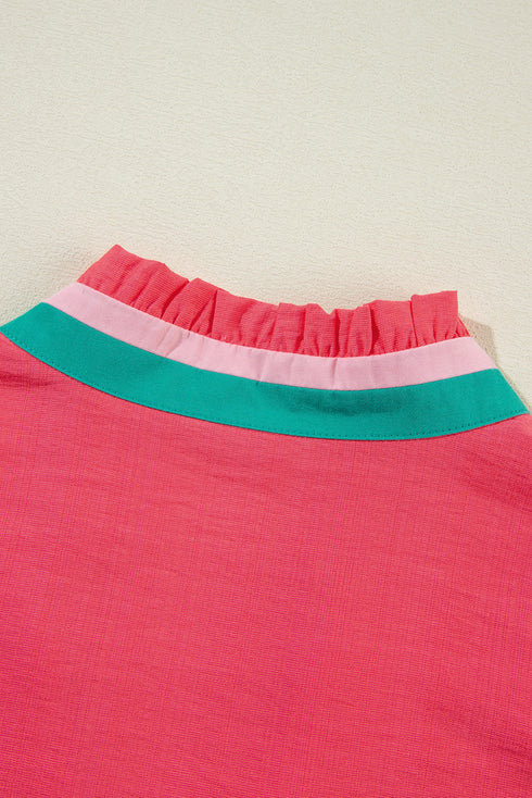 Ruffled Stand Collar Puff Sleeve Contrast Trim Blouse