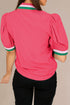 Ruffled Stand Collar Puff Sleeve Contrast Trim Blouse
