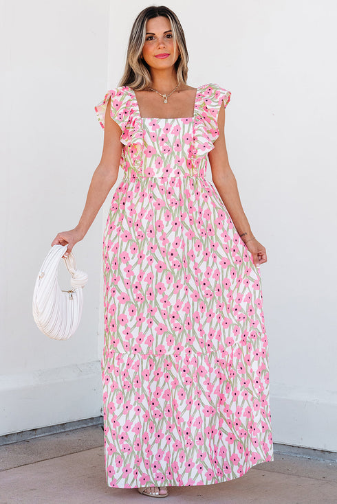 Ruffled Strap Garden Bloom A Line Maxi Dress