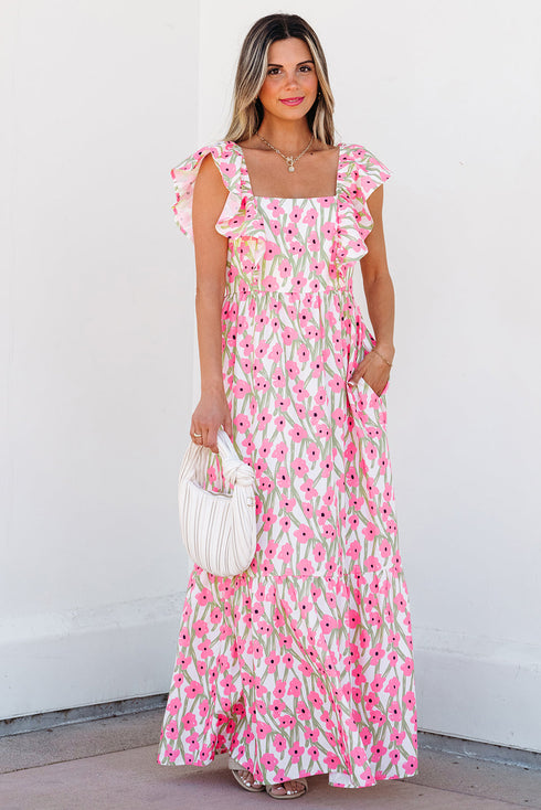 Ruffled Strap Garden Bloom A Line Maxi Dress